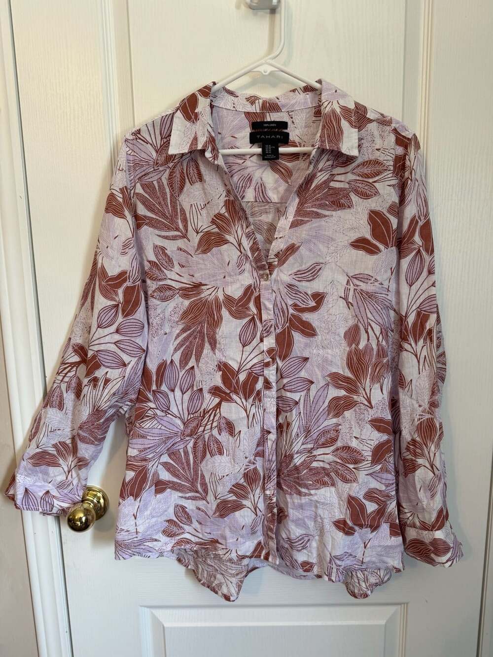 Tahari Leaf Print 100% Linen Button Up Shirt Size XL